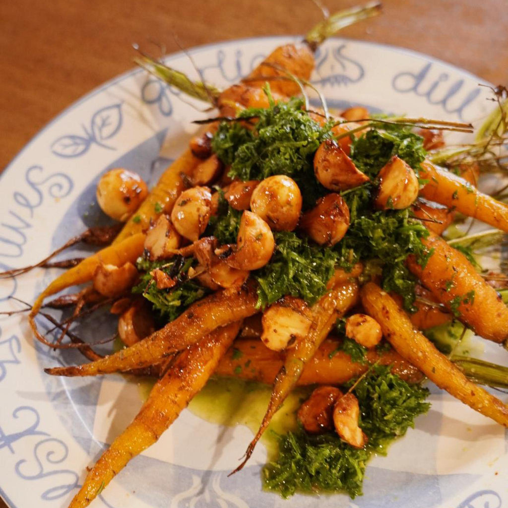 Roast Dutch Carrots, Carrot Top Salsa Verde & Honey Macadamias